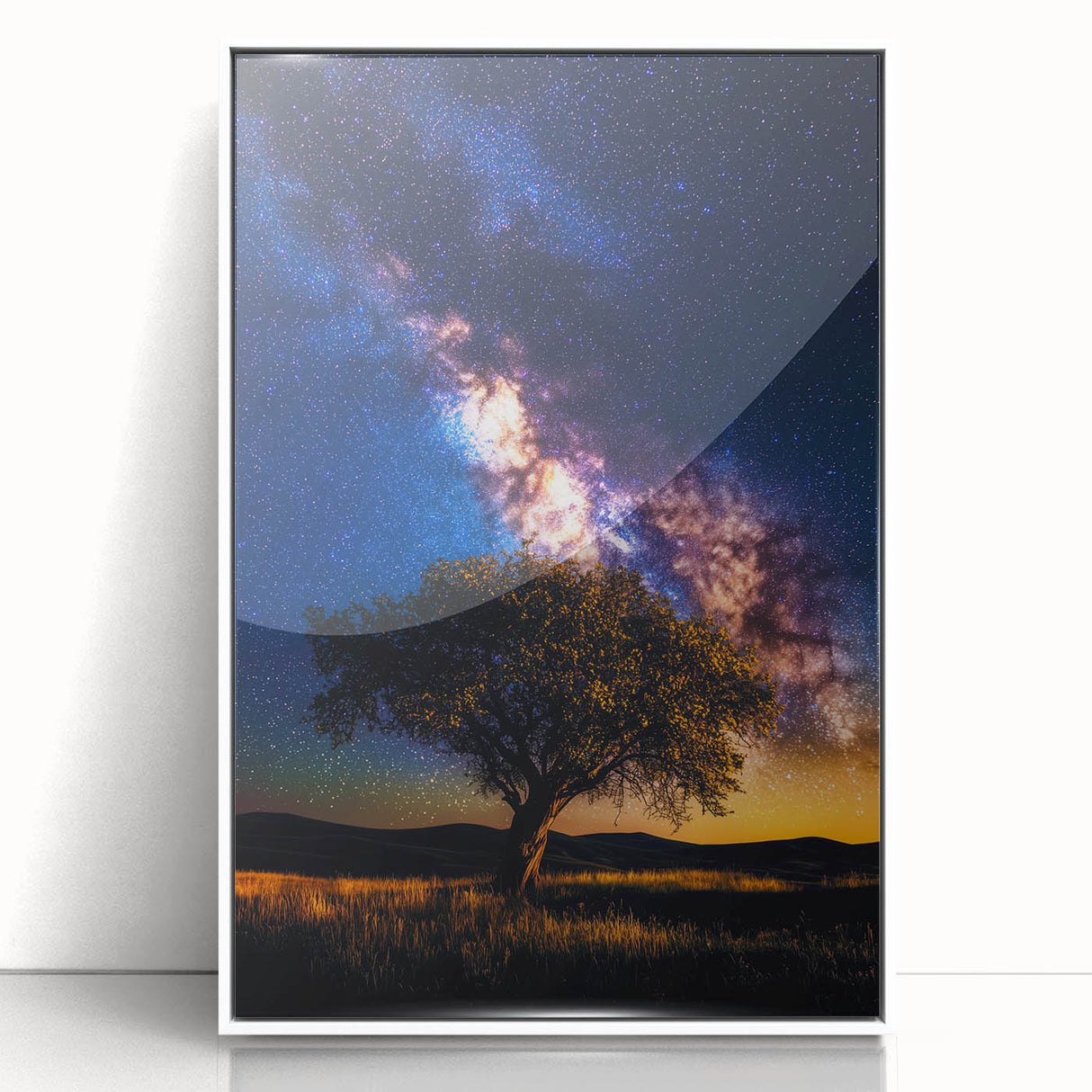 Framed acrylic artwork showcasing a vibrant landscape with colorful fields under a bright sky, designed to enhance modern home decor and create a serene ambiance.
