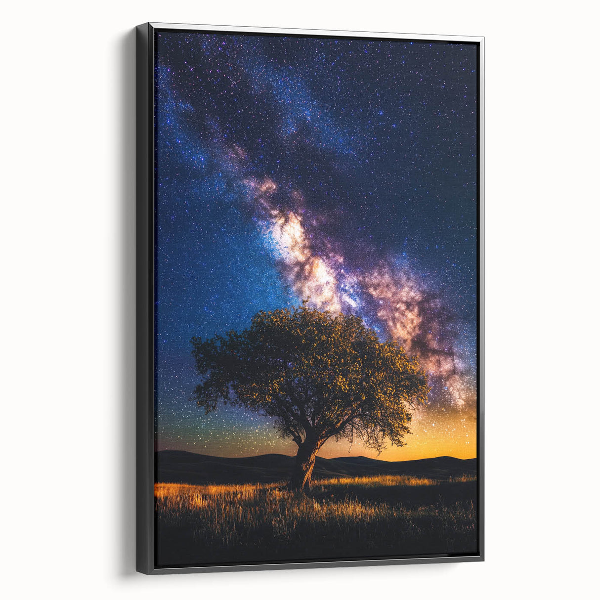 Framed canvas artwork showcasing a serene landscape with rolling fields, presented in a stylish black frame, ideal for modern home decor and aesthetic enhancement.