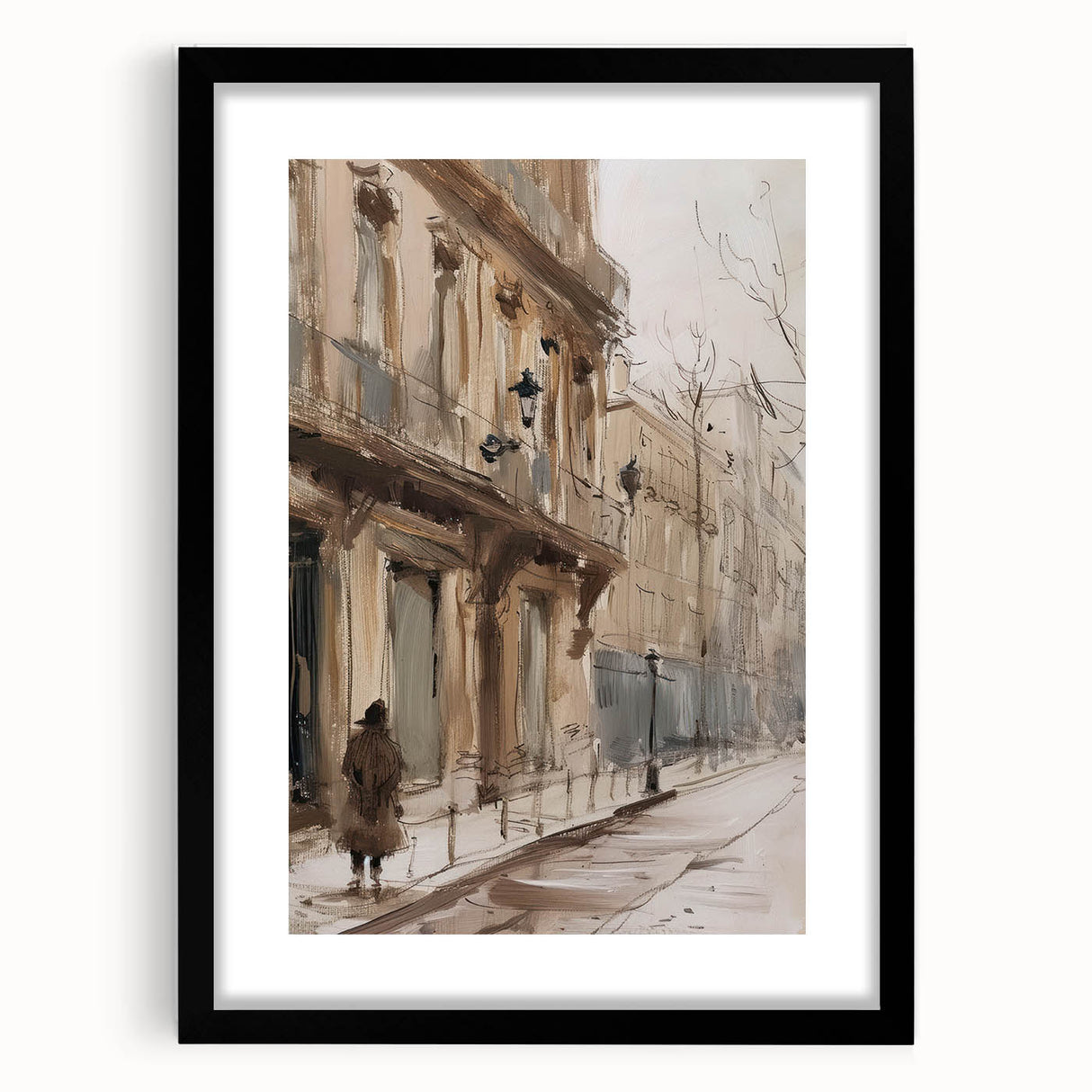 Black landscape frame with a white mat, showcasing a scenic nature artwork, ideal for home decor and art enthusiasts. Perfect for modern interiors.