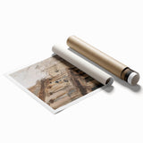 Rolled print showcasing a vibrant landscape design with rich colors and intricate details, packaged securely in a durable cardboard tube for easy display.