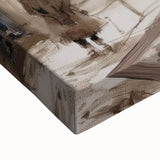 Close-up of a vibrant, stretched canvas featuring a colorful landscape design with intricate details, showcasing rich hues of green, blue, and gold, ideal for home decor.