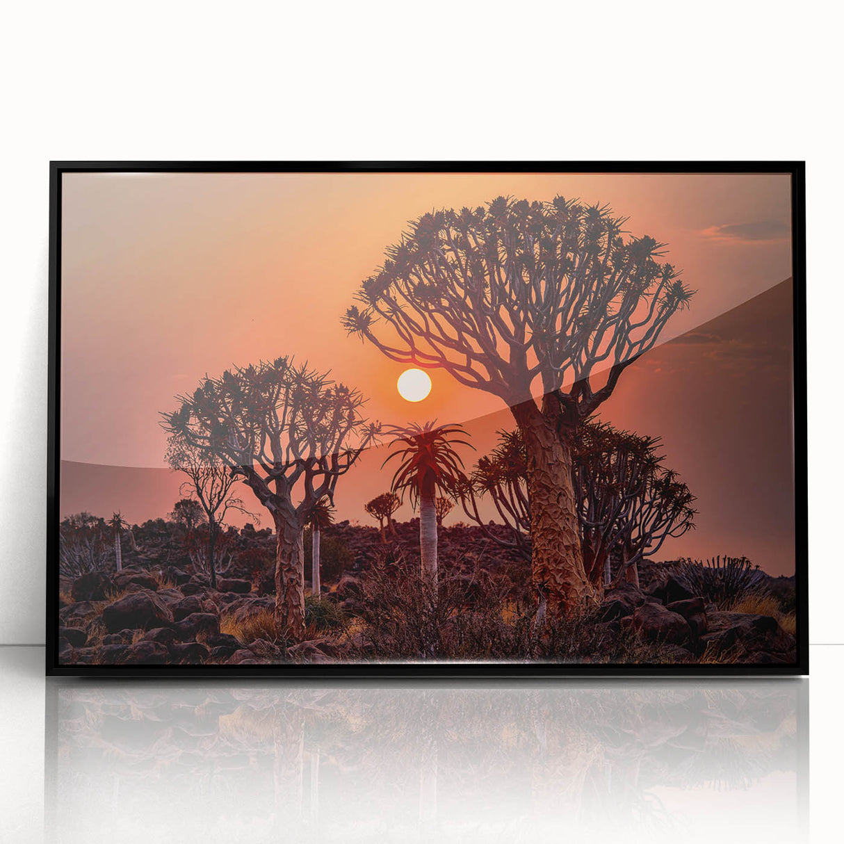 Large abstract wall art depicting the Namibian desert in muted earth tones on a framed acrylic panel.