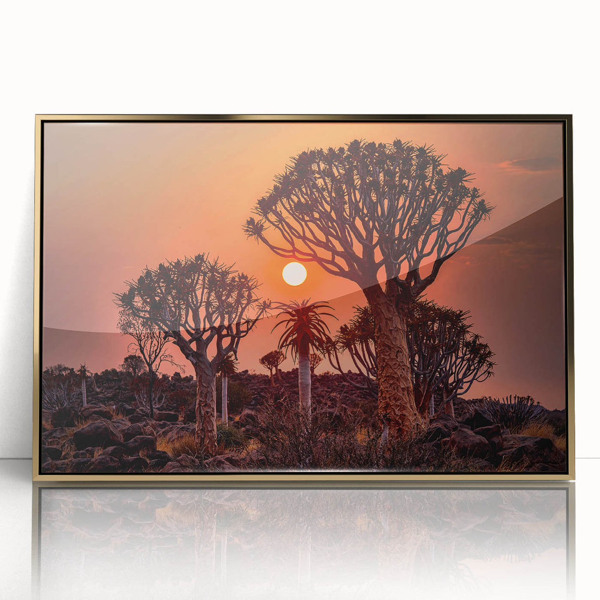 Mid-century modernist art depicting Namibian scenery in warm earth tones on a framed acrylic panel.