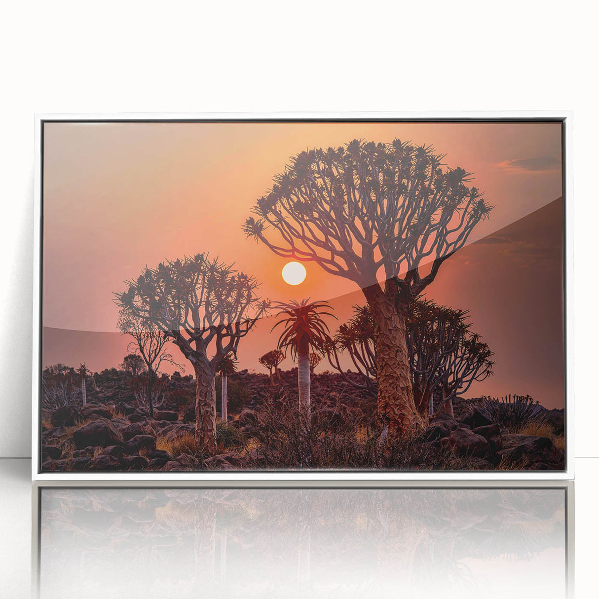 Framed acrylic print of Namibia scenery in muted earth tones, ideal for modern art wall decor.
