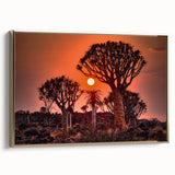 Framed canvas featuring a vintage-style landscape art painting of the Namibian desert with vibrant orange and gold tones.