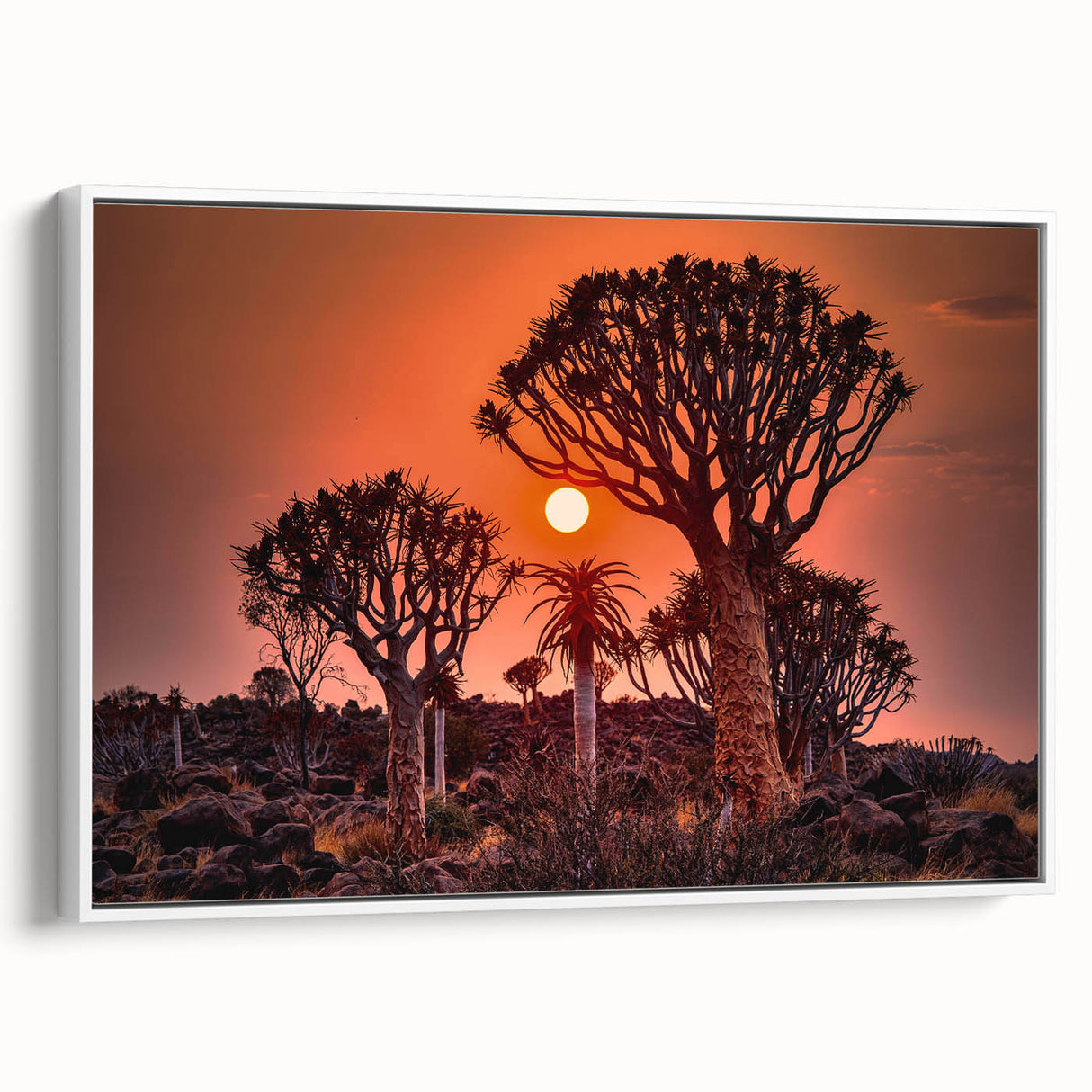 Framed canvas of Namibian landscape in muted earth tones, ideal for bedroom wall art.