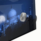 Large abstract wall art depicting a mid-century modernist scene in vibrant shades of orange and teal.