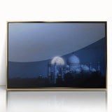 Large acrylic print of a mid-century modernist Indian landscape in gold tones, suitable for modern art wall decor.