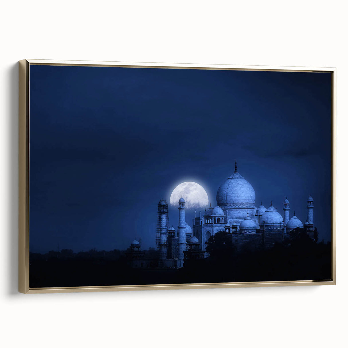 Framed canvas depicting a vintage-style Indian landscape in black and gold tones, ideal for bedroom wall art.