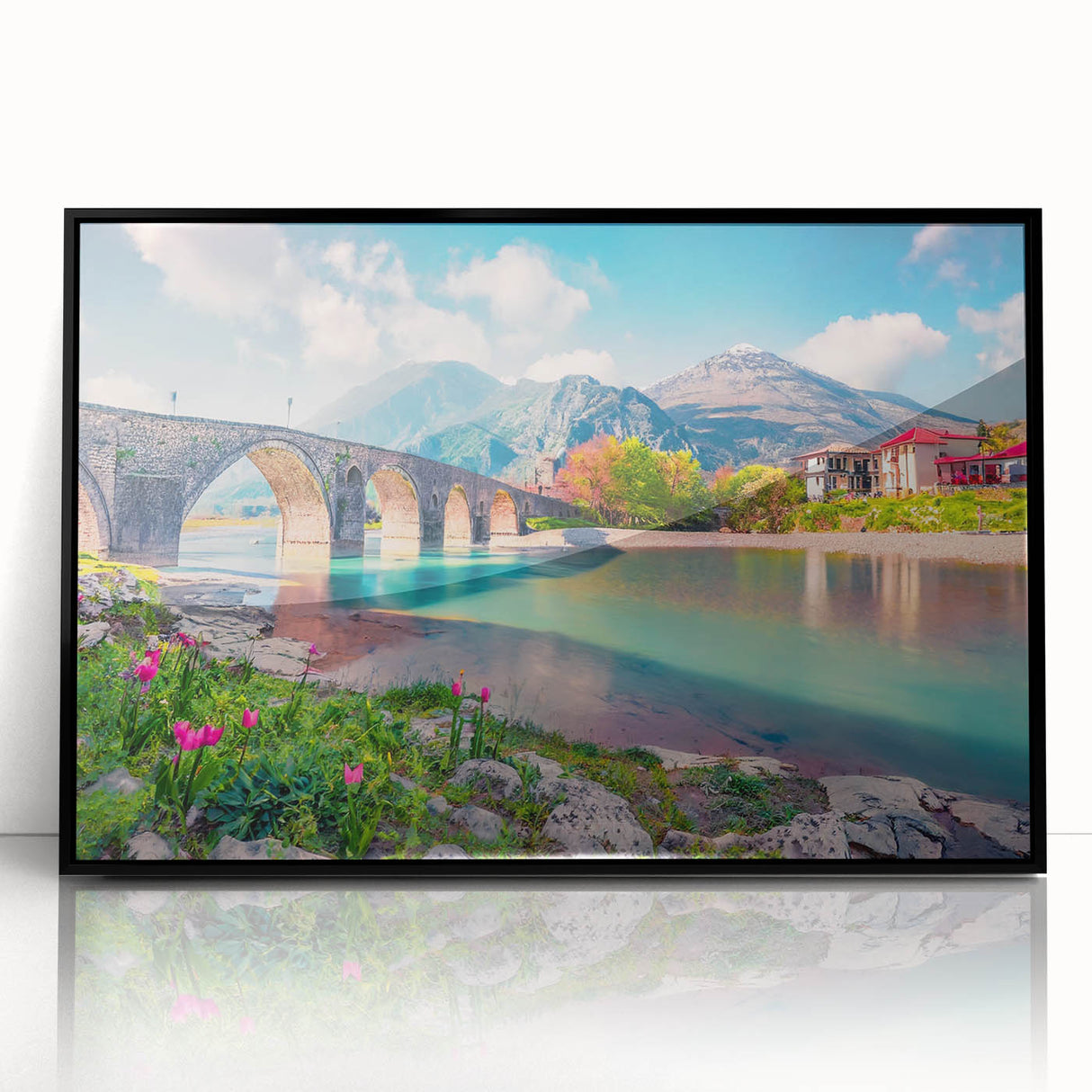 Large abstract wall art depicting European scenery in Albania, with muted earth tones on a black framed acrylic.