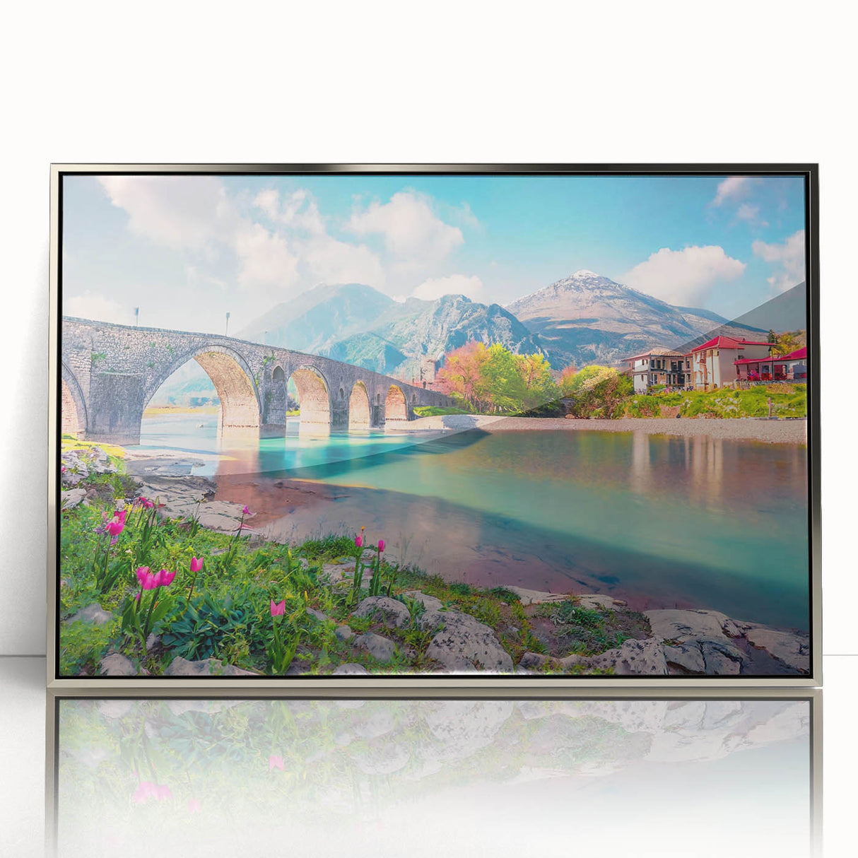 Art deco poster featuring Albanian scenery in muted shades on silver-framed acrylic, suitable for modern art wall decor.