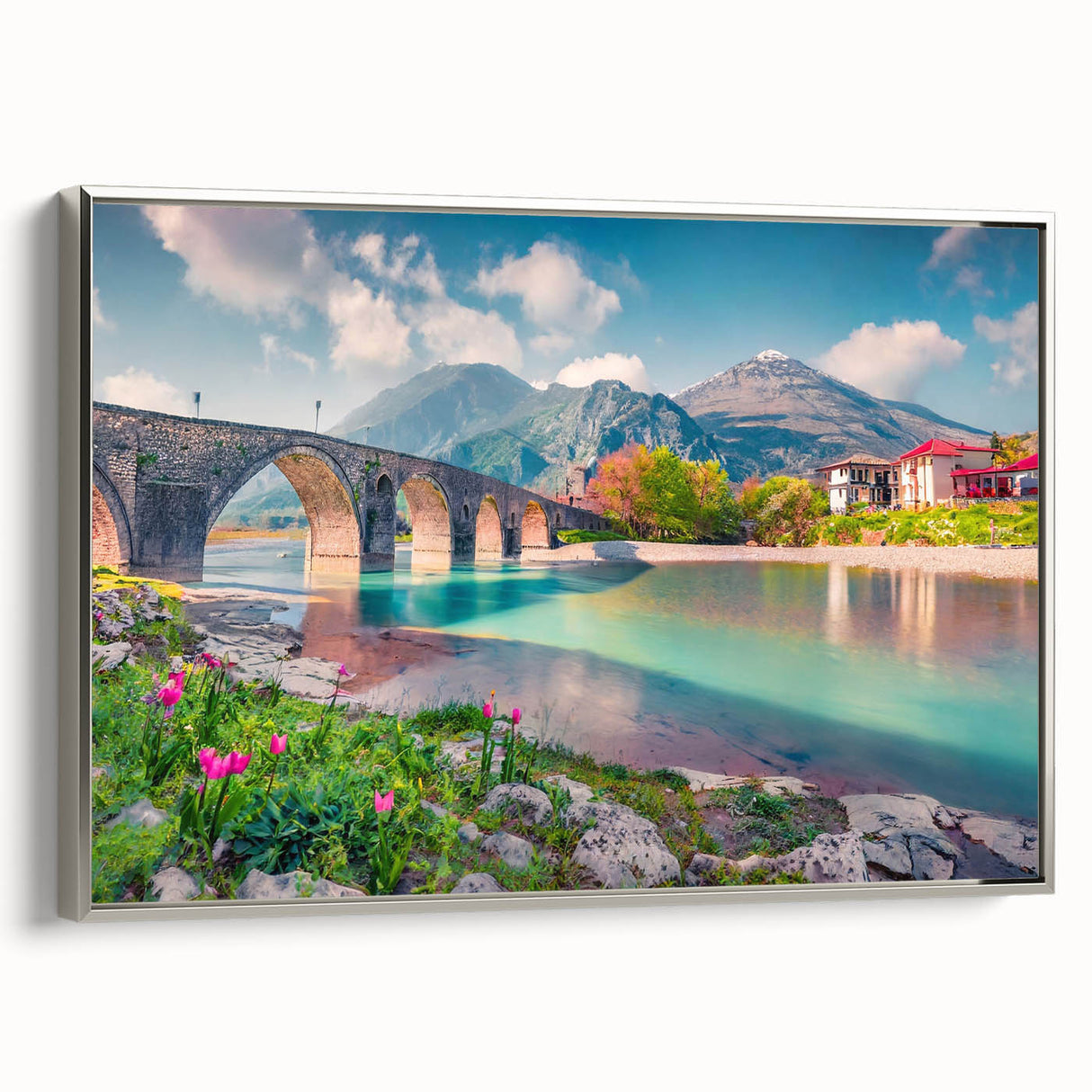 Framed canvas featuring a vintage-style landscape painting of Albania, in muted black and silver tones.