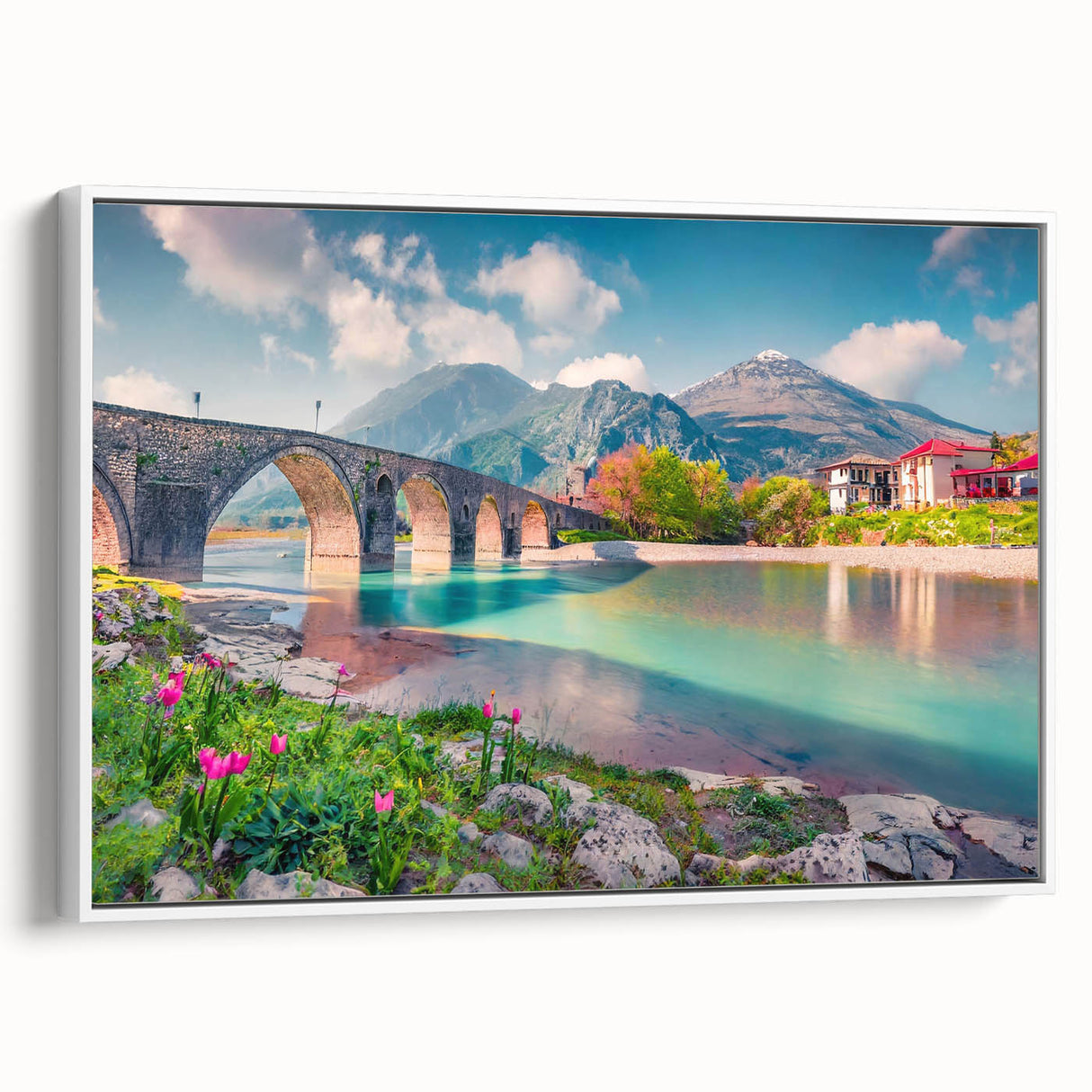 Framed canvas depicting a colorful Albanian landscape in vintage poster style, ideal for living room decor.