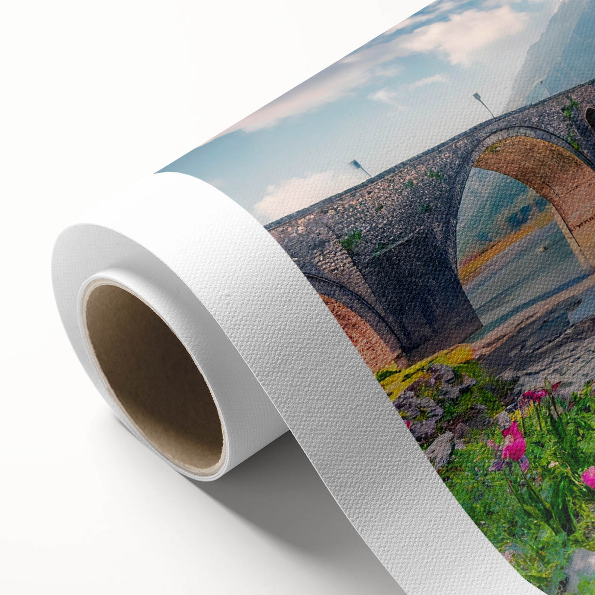 Art deco poster of an Albanian landscape on rolled canvas, featuring soft pastel shades, ideal for nursery wall art.
