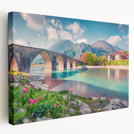 Large art depicting a serene Albanian landscape on stretched canvas, featuring soft green and blue tones.