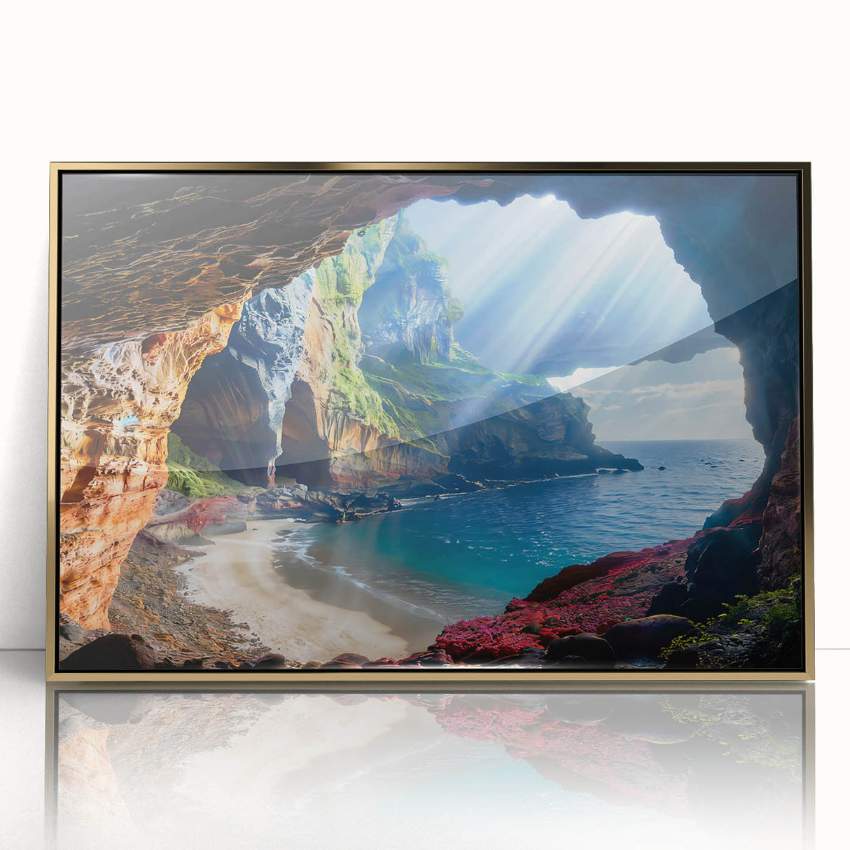 Art deco poster featuring a European Cyprus landscape in gold and green tones, acrylic framed.