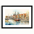 Extra large abstract art print featuring colorful, textured scenery of a European landscape, framed in black.