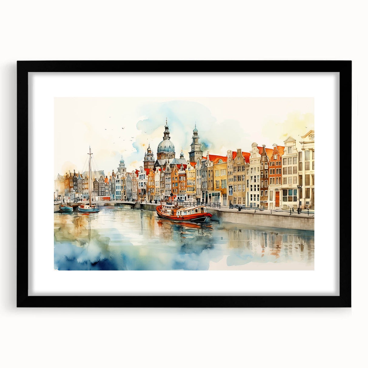 Extra large abstract art print featuring colorful, textured scenery of a European landscape, framed in black.