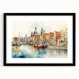 Extra large abstract art print featuring colorful, textured scenery of a European landscape, framed in black.