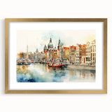 Abstract art print depicting a Danish landscape in muted earth tones on a framed canvas, suitable for dining room decor.