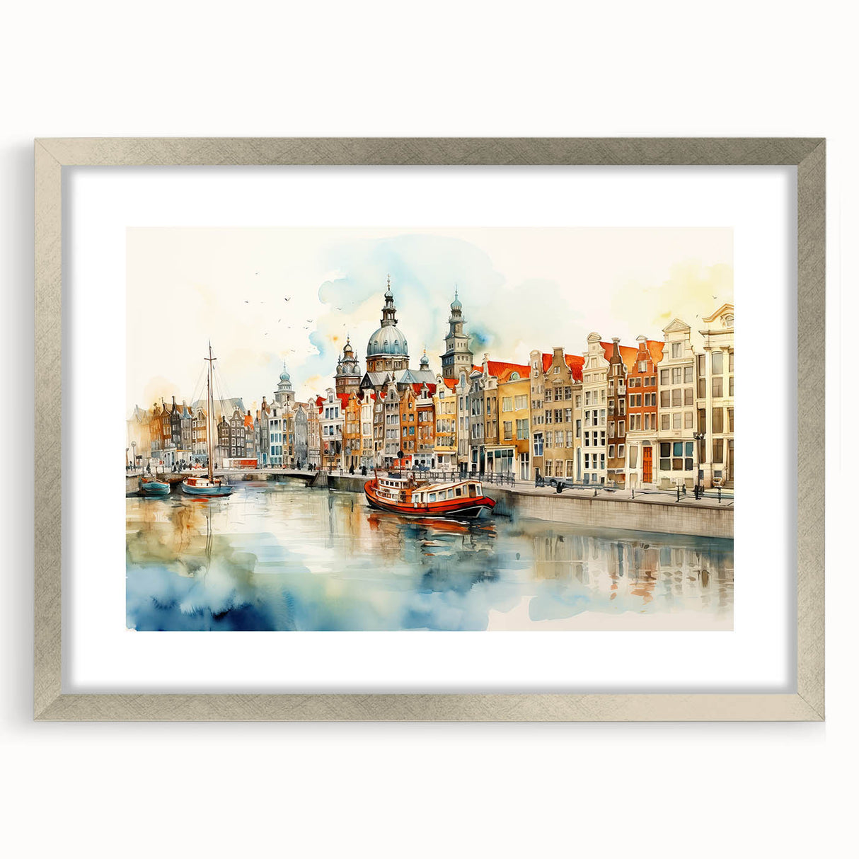 Extra large abstract art print of a European scenery in muted earth tones, framed with a silver mat.