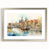 Extra large abstract art print of a European scenery in muted earth tones, framed with a silver mat.