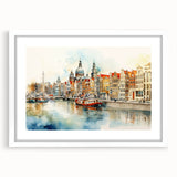 Textured abstract art print depicting a European scenery in muted earth tones on a framed canvas, suitable for bedroom decor.