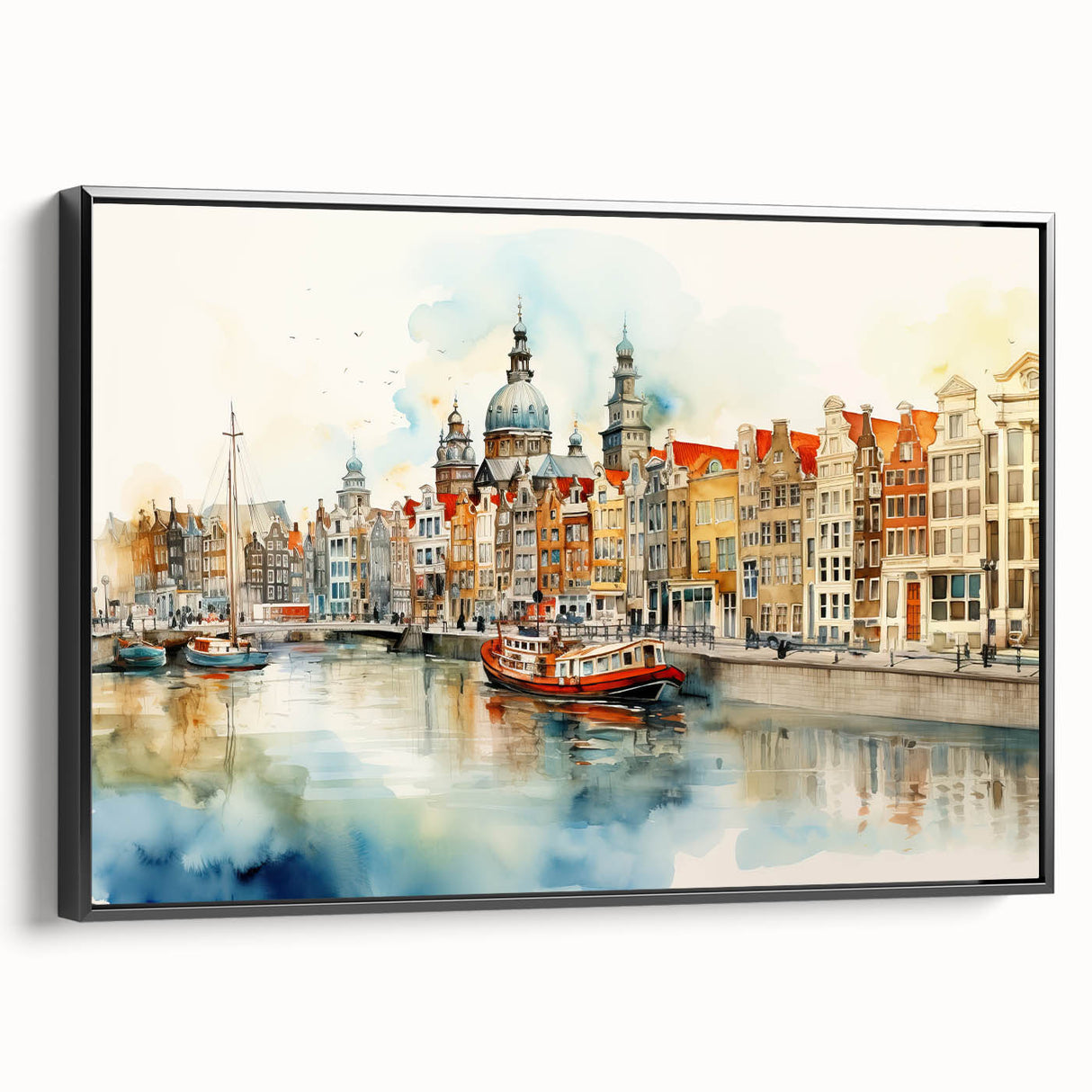 Black and white framed canvas of a vintage European landscape, ideal for bedroom wall decor.