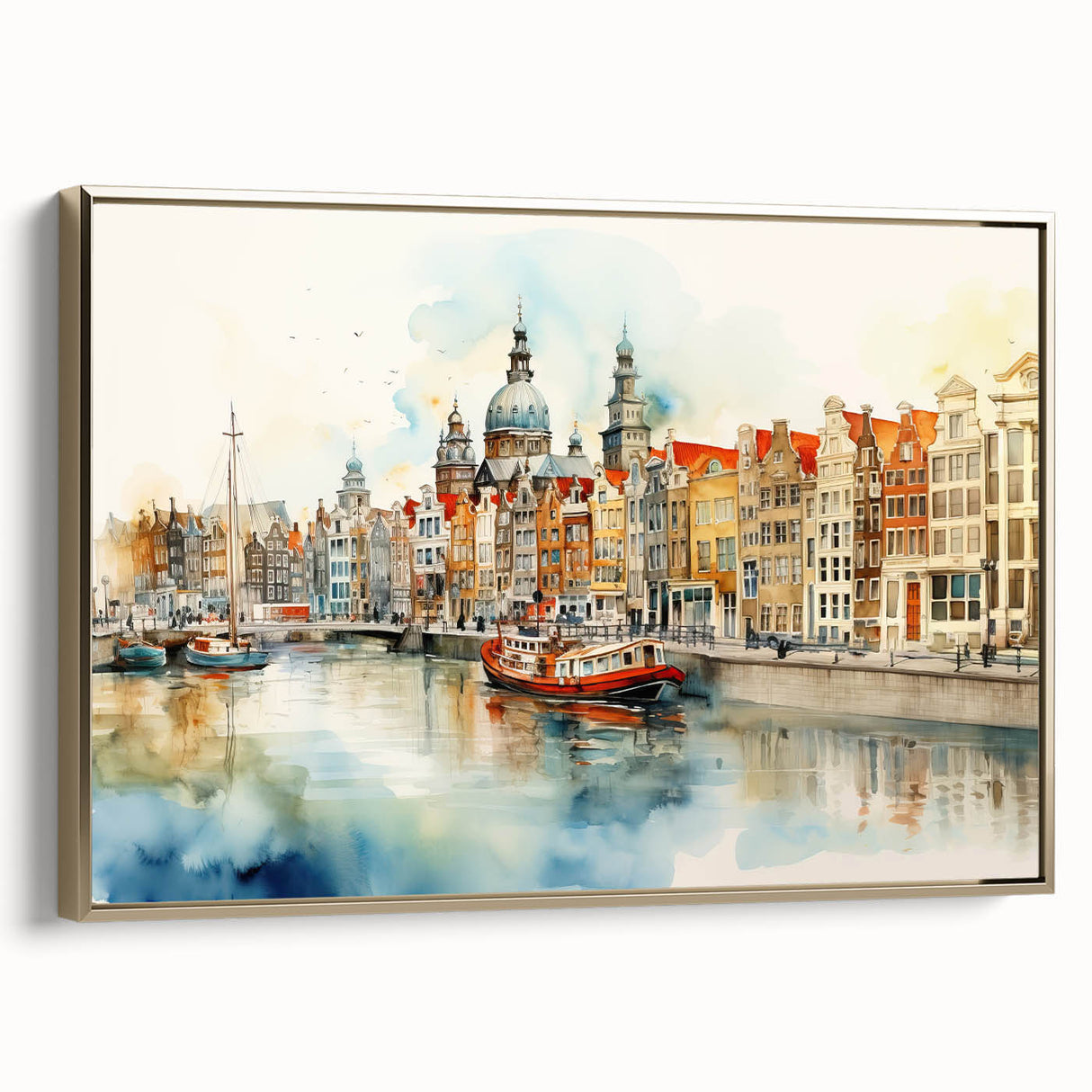 Framed canvas depicting a vintage-style landscape of a European scenery in muted earth tones, ideal for bedroom wall decor.