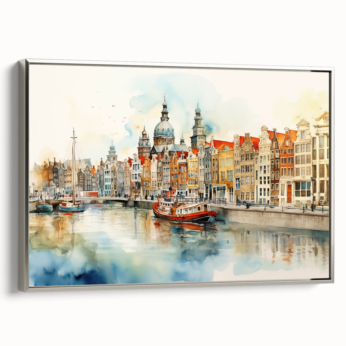 Framed canvas of a vintage Danish landscape painting featuring colorful art on a black background.