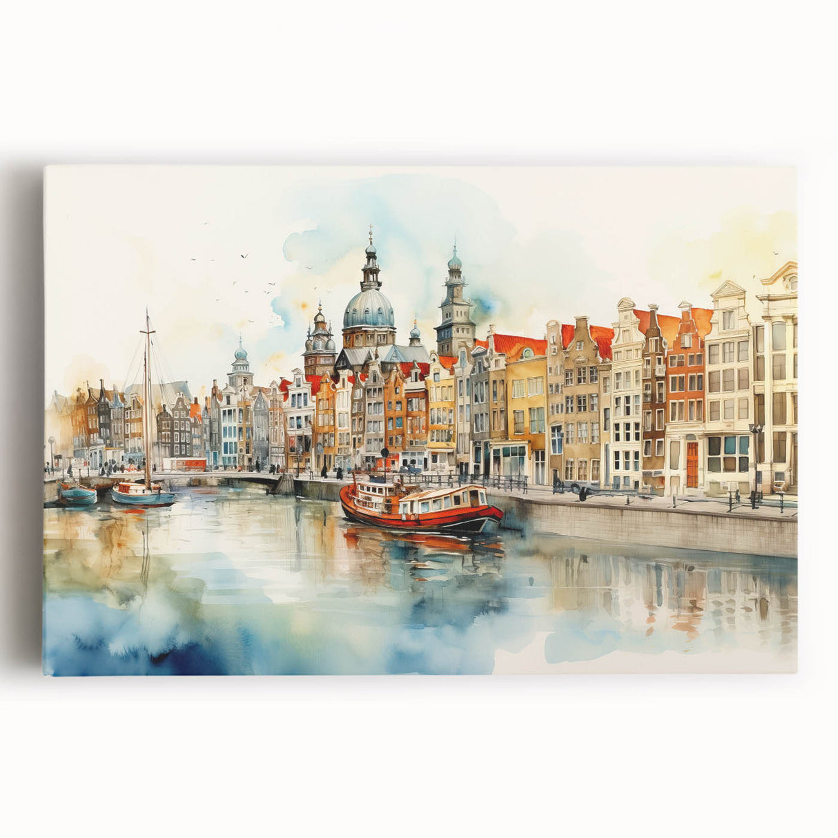 Black and white photograph of a European cityscape on stretched canvas, ideal for kitchen wall art or bedroom decor.