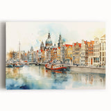 Black and white photograph of a European cityscape on stretched canvas, ideal for kitchen wall art or bedroom decor.