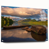 Acrylic print of Cumbria landscape with muted greens and blues, ideal for dining room art.
