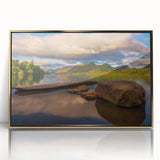 Art deco poster depicting a serene Cumbrian landscape in muted green and gold tones on framed acrylic.