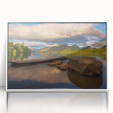 Mid-century modernist art depicting a serene Cumbrian landscape in muted green and blue tones, framed acrylic print.