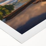 Art deco poster of Cumbria, England scenery in muted earth tones on rolled canvas, suitable for dining room walls.