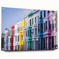 Acrylic print of London skyline with muted blue and gray hues, ideal for dining room decor.