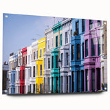 Acrylic print of London skyline with muted blue and gray hues, ideal for dining room decor.