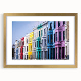 Abstract art print of London skyline in muted gray and gold tones on a framed canvas, suitable for dining room decor.