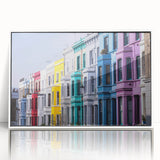 Mid-century modernist art of London skyline in muted blue and gray tones on framed acrylic, ideal for nursery wall decor.