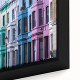Black wall art featuring a textured depiction of the London skyline in vibrant colors on a framed canvas.