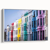 Vintage poster art of London scenery in vibrant colors on a large framed canvas, ideal for living room decor.