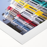 Art deco poster of London scenery in muted earth tones on rolled canvas, suitable for dining room wall art.