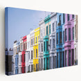 Large art depicting the London skyline in muted gray and blue tones on stretched canvas, ideal for kitchen wall art.