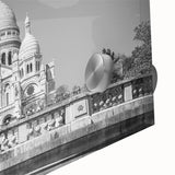 Mid-century modernist style large abstract wall art of Paris scenery in muted gray and blue tones on acrylic glass.