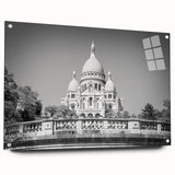 Acrylic glass print of Paris skyline in muted gray and blue tones, suitable for bedroom or dining room decor.