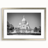 Extra large abstract art print of Paris skyline in muted gray and silver tones, framed with a silver mat.