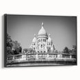 Black and white wall art of Paris landscape on framed canvas, ideal for bedroom decor, featuring vintage poster style.