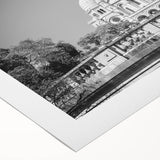 Art Deco poster of Paris skyline in muted gray and blue tones on rolled canvas, suitable for dining room wall art.