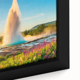 Extra large framed canvas featuring a textured Icelandic scenery in black with colorful accents, ideal for living room decor.